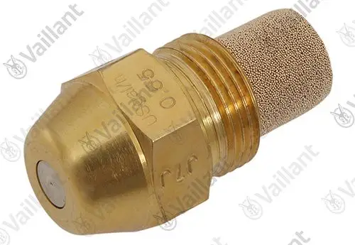 Brennerdüse aus Messing mit ausgefrästem Kopf und porösem Filter. Produkt der Marke Vaillant, geeignet für Heizsysteme.